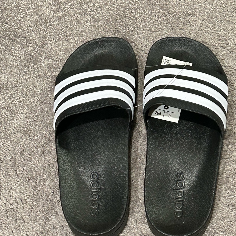 Adidas Black and White Striped Slides